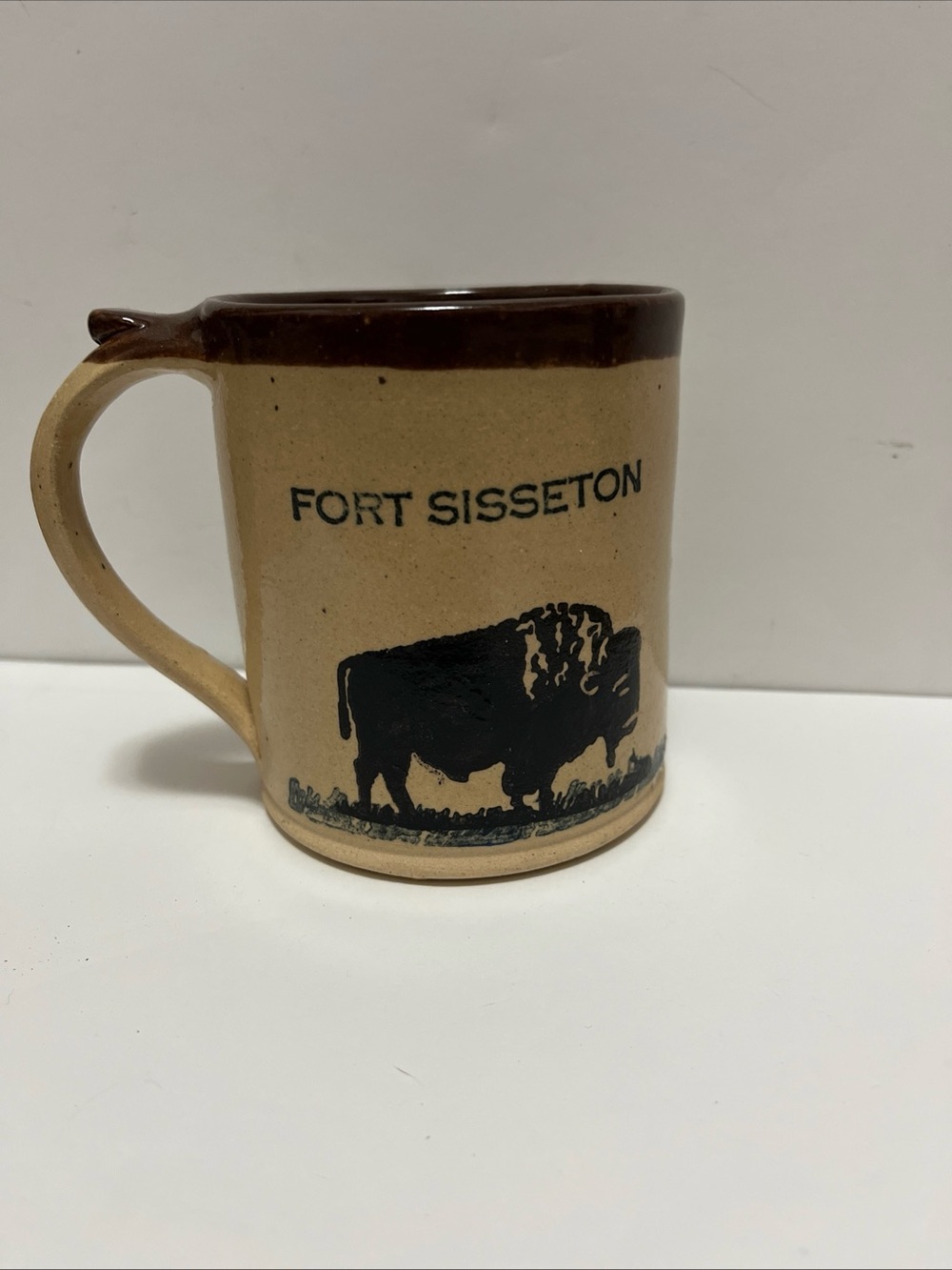 VTG Dakota Stoneware Pottery Mug  Cup Speckled Glaze Brown Bison Buffalo